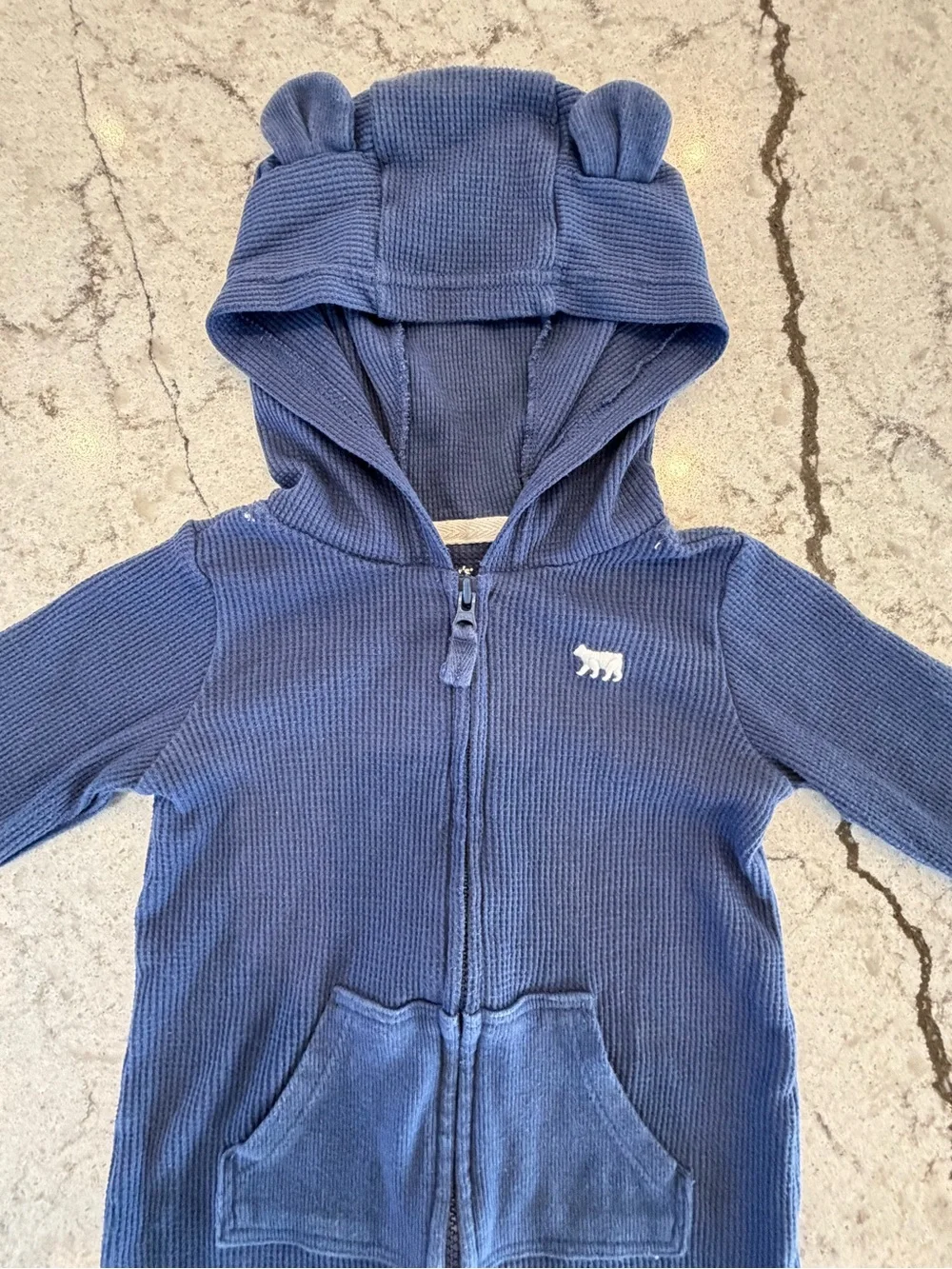 Carter’s Baby Blue Waffle Knit Hooded Romper Bear Ears Zip 9 Months